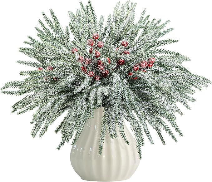 60 Pcs Christmas Snow Norfolk Pine Branches with Red Berry Stems, Snowy Artificial Xmas Branches Pine Tree Needle, Berries White Frosted Fake Greenery Norfolk Pines Stems Sprigs for Garland Home Decor