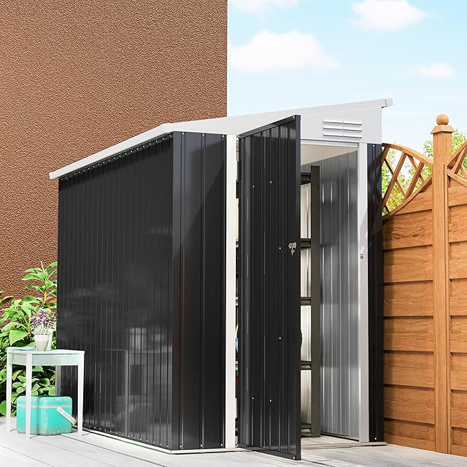 Outsunny 4' x 7.7' Metal Outdoor Storage Shed, Lean to Storage Shed, Garden Tool Storage House with Lockable Door and 2 Air Vents for Backyard, Patio, Lawn, Dark Gray