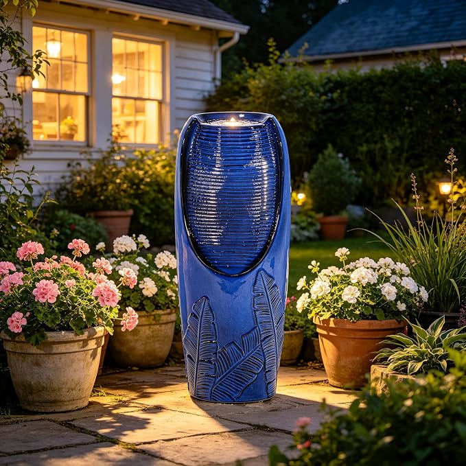 AUTODAYA 33" Tall Outdoor Garden Fountain with LED Lights, Modern Ceramic Jar Water Fountain, 3D Tropical Leaf Pattern, Cobalt Blue Glaze, Soothing Cascading Waterfall for Relaxing Patio, Yard, Porch