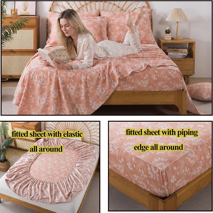 FADFAY King Sheets Set 100% Cotton Washed Double Gauze Muslin Bedding 4Pcs Vintage Coral Rose Floral Sheets Shabby Farmhouse Bedding Luxury Super Soft Breathable Deep Pocket Fitted Sheet, King Size