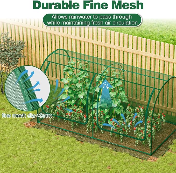98x49x49in Garden Plant Netting Mesh Cover for Raised Bed, Crop Cage with Roll-up Zipper Door, Plant Protectors from Animals, Large Tunnel Gardening Net for Vegetables Fruits Tomato, Green