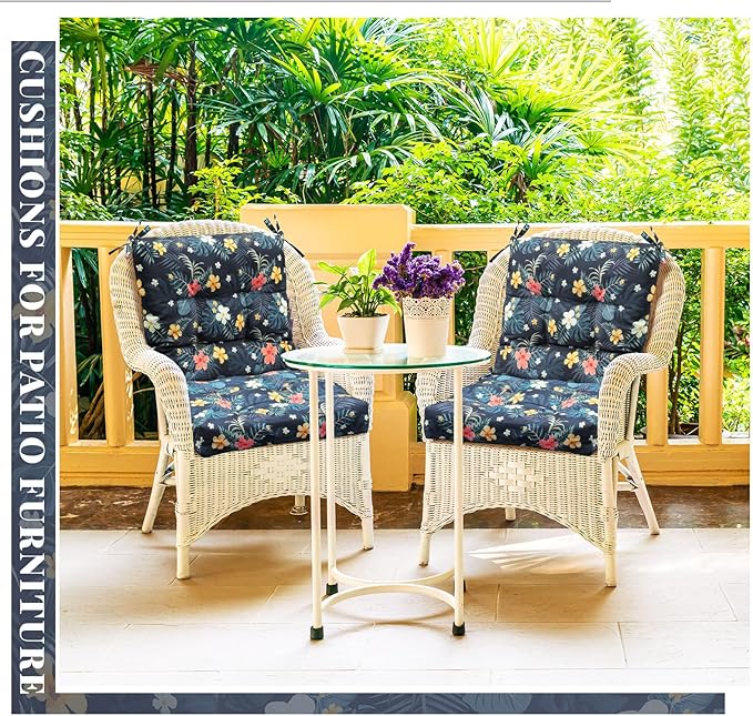 Marsui 4 Pcs Outdoor Indoor High Back Chair Cushions Patio Furniture Tufted Pillow with Ties Water-Resistant Replacement Outdoor Rocking Chair Cushions, 42 x 21 Inches (Dark Color,Plants)