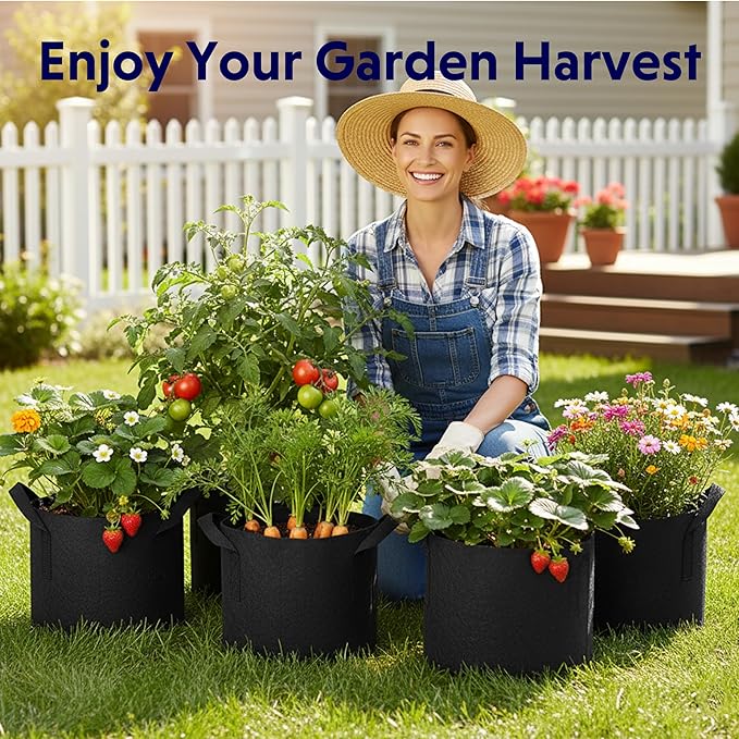 iPower 7 Gallon 5 Pack Grow Bags Nonwoven Fabric Pots Aeration Container with Strap Handles for Garden and Planting, 5-Pack Black, 7 Gallon