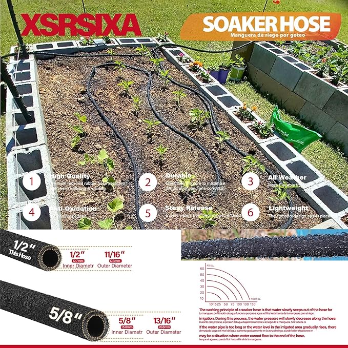 50FT Heavy Duty Soaker Hose – 1/2" Ultra-Flexible Rubber with Reinforced Core, 20% Stronger Stretch & Even Water Flow for Gardens, Lawns, Raised Beds (Drip Irrigation Hose)