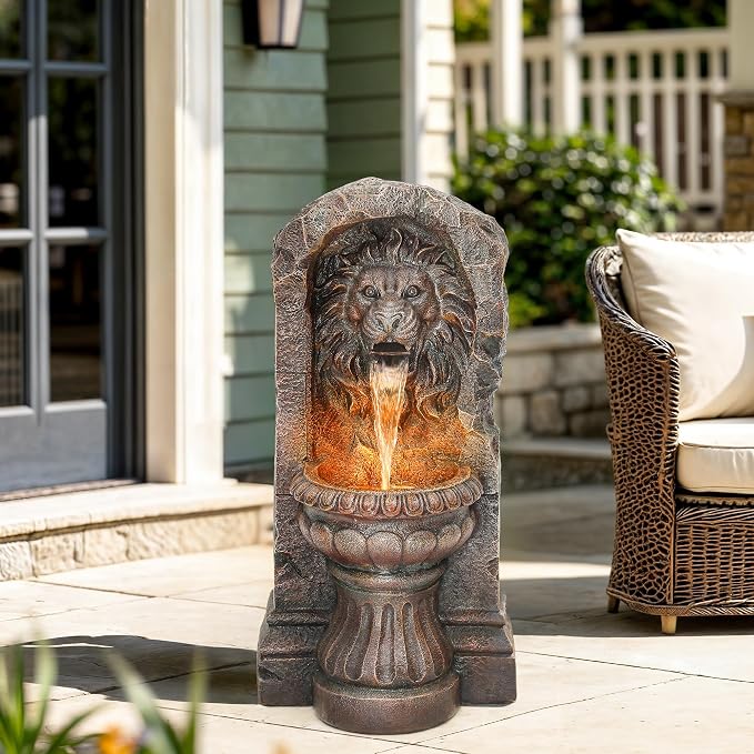 AUTODAYA 30" Majestic Lion Head Outdoor Water Fountain, Rustic Stone Pedestal Cascading Water Feature with Warm LED Lights, Tranquil Oasis for Outside Garden Patio Yard Decor