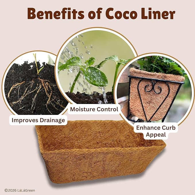 LaLaGreen 16" (4 Pack, Rectangular) Trough Coco Liners for Planter – Medium Coconut Coir Replacement for Window Box, Wall Mount Flower Pot, Outdoor Use– Also Available in 24/30’’ and Different Shapes