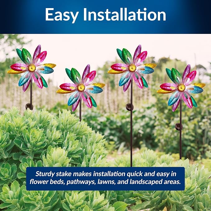Alpine Corporation IHD144SLR Solar Flower Spinner Garden Stake with Fiber Optic LED Center, Metal Wind Spinner Yard Decor, Outdoor Solar Powered Lawn & Patio Decoration