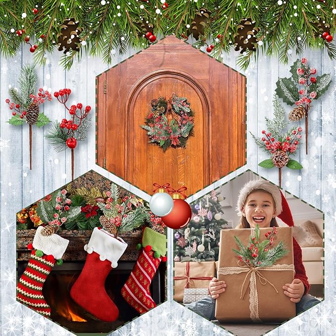 Cindeer 16 Pieces Christmas Artificial Pine Picks, 11 Inch Assorted Red Fruit Floral Picks Stems Berry Holly Berry Branches Pine Picks and Sprays for Xmas Floral Tree Christmas Wreath Winter Holiday