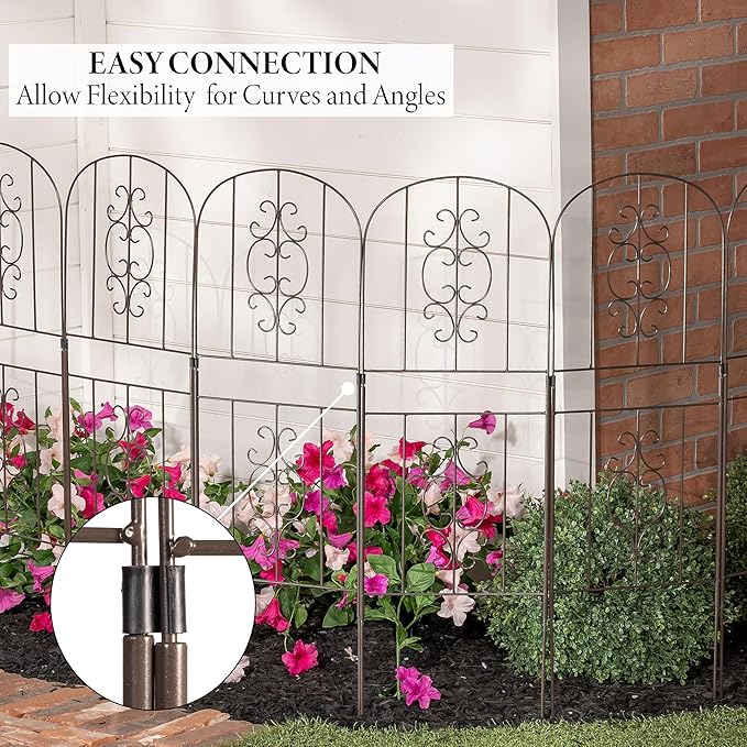 Evergreen Montebello Metal Garden Fence Edging 28" Above Ground, 8 ft Long | No Dig Landscape Edging for Garden, Flower Bed, Yard | Animal Barrier Decorative Fencing for Dogs, Rabbits