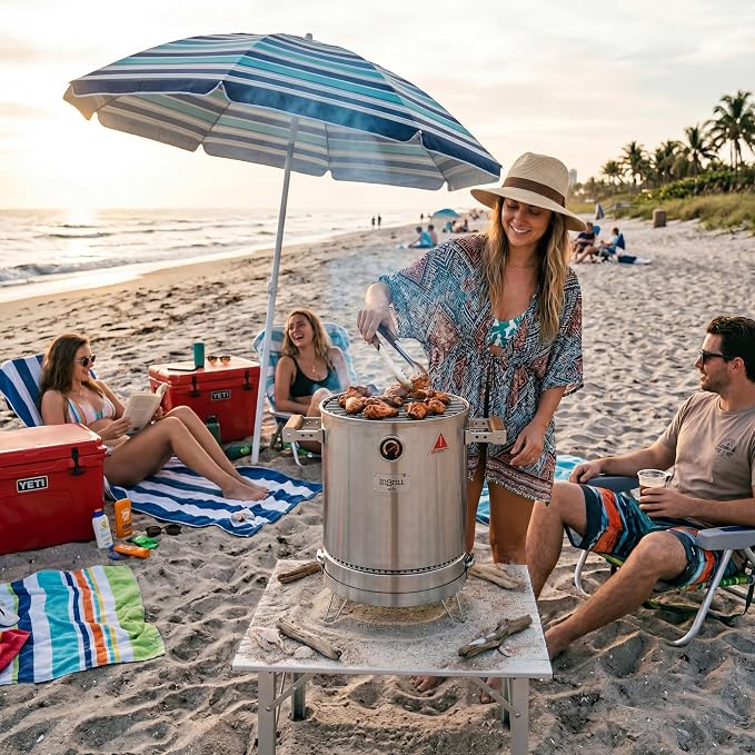 INGRILL Mini Charcoal Grill Smoker Portable BBQ 6 LBS Stainless Steel Barrel for Camping, Small Outdoor Cooking with Thermometer