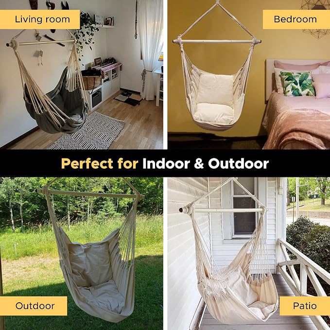 ADVOKAIR Hammock Chair Hanging Chair Swing Large Indoor with Anti-Slip Steel Spread Bar and Pocket-Max 500lbs-2 Cushions, Perfect for Bedroom,Outdoor,Patio, Porch,Backyard
