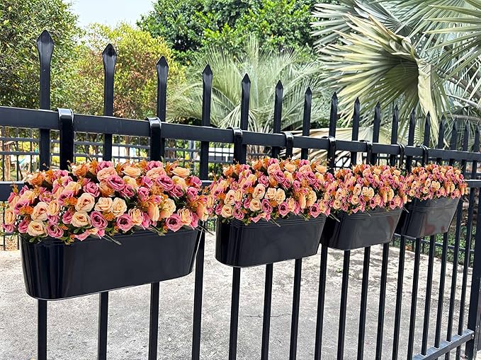 Hanging Planters for Outdoor Plants, 17" Railing Planter Pots, Metal Fence Flower Pot for Porch Balcony with Detachable Hook (Black, Pack of 4)