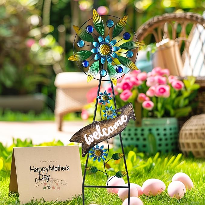 TERESA'S COLLECTIONS Wind Spinners Outdoor Solar Decor, Hummingbird Metal Windmill for Yard Decorative Garden Stakes for Porch,Garden,Yard,26''