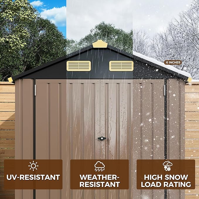 IRONCK 6×6 FT Shed, Galvanized Steel Tool Storage Shed with Lockable Double Doors & Ventilation, Outdoor Utility Storage for Wheelbarrow, Bikes, Yard Bins, Black Brown