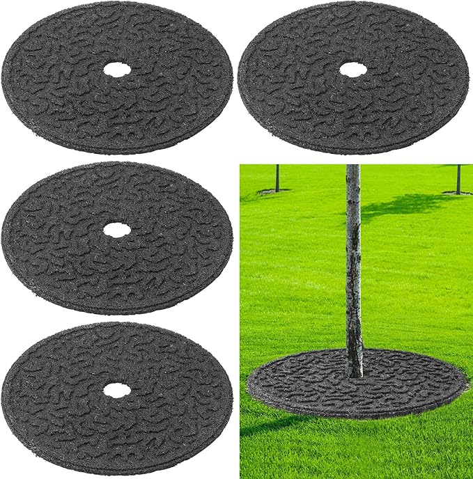 Peryiter 4 Pcs Rubber Mulch Tree Ring, Heavy Duty Rubber Mulch Mat, Tree Protector Weed Barrier Mats, Round Root Barrier for Root Protection Weed Grass Control (24 Inches)