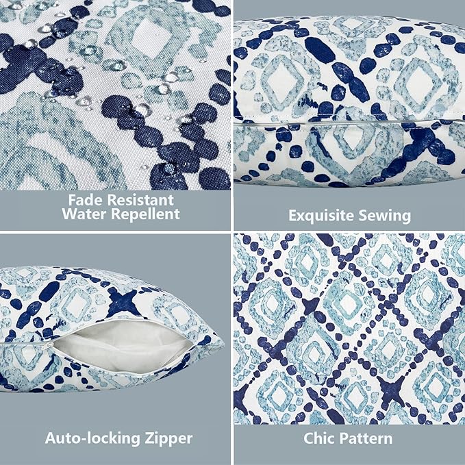 LVTXIII 2 Pack Outdoor Throw Pillow Covers for Patio Furniture, 16x16 Inch Square Pillow Case, Water-Repellent Cushion Covers for Garden, Porch, Sofa, Boho Geometry Blue