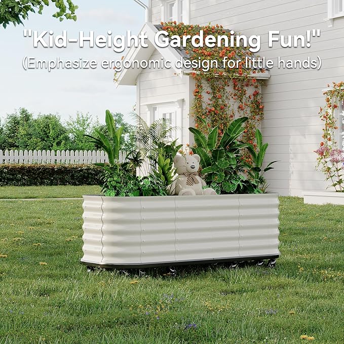 GarveeHome Self-Watering Wheeled Metal Garden Bed – Mobile Raised Planter Box with Water, Galvanized Steel Indoor/Outdoor Rolling Grow Station for Herbs, Veggies & Decor (94.5"x23.6"x19.7"),White