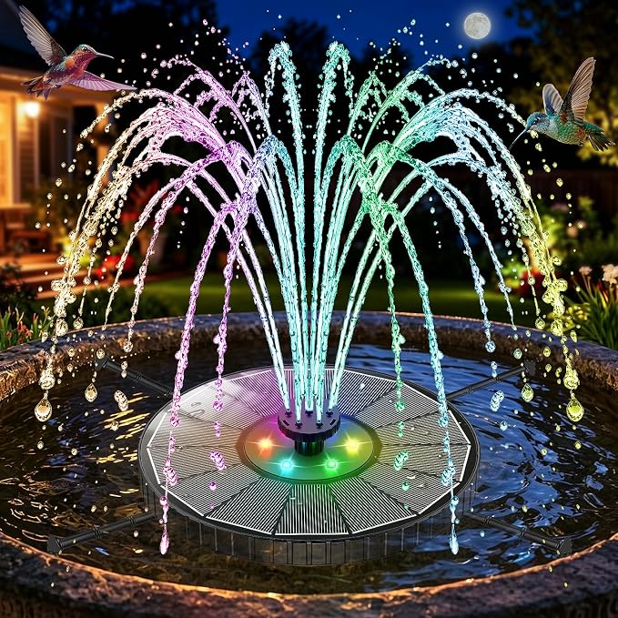 Solar Fountain with 3 Spray Height, Colorful Led Lights, 3.5W Glass Solar Bird Bath Water Fountain with 2000mAh Battery, 4 Rotating Rods and 7 Nozzles for Hummingbird Bathing, Outdoor Décor