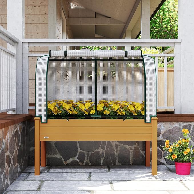 Outsunny Raised Garden Bed with PE Greenhouse Cover Outdoor Elevated Wood Planter Box for Herbs and Vegetables, Use for Patio, Backyard, Balcony, 48 x 22 x 46 inch, Sand