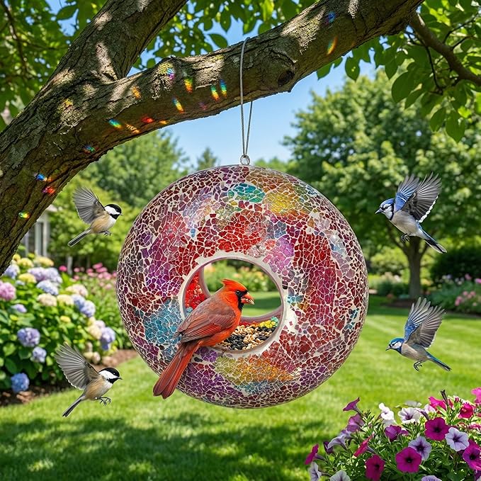 Mosaic Bird Feeder Outdoor Fly Through Wild Hanging Glass Design Birdfeeder for Garden