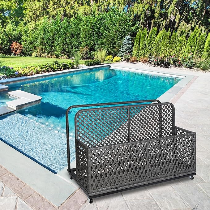 Garvee Pool Float Storage Organizer with Wheels, Outdoor Wicker Pool Storage Bin for Floats & Toys, Rolling Poolside Storage Rack for Patio Backyard Deck Box