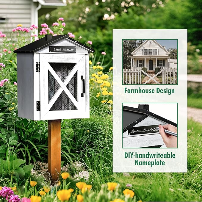 Outdoor Book Sharing Box, Waterproof Tin Roof Wooden Book Exchange Cabinet for Communities, Neighborhoods, and Schools, DIY Literature Storage for Books, Magazines, and Art (White Farmhouse)