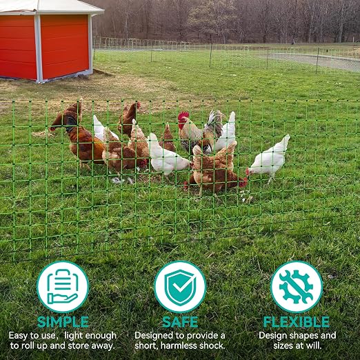PPOLB Electric Poultry Fence Netting - 164'L x 41.5" H, Portable Movable Nets Mesh for Chickens, Ducks, Geese, Rabbits, Electric Fencing for Backyards, Homesteaders, Farms Ranches, and Gardens