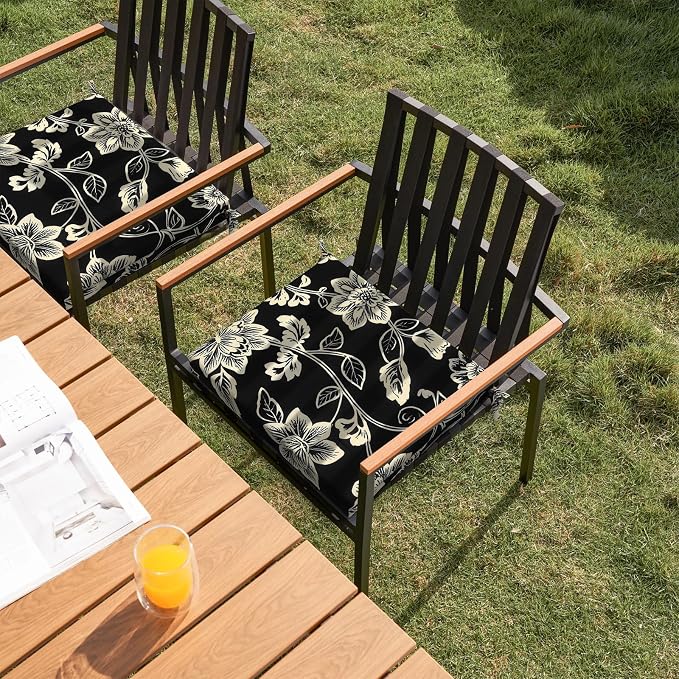 DYTXIII Set of 2 Outdoor Chair Cushions, Water Resistant 18.5"x16"x2" Square Seat Cushion for Patio Dining Chairs, High-Density Replacement Pads for Indoor Outdoor Furniture - Vines Black
