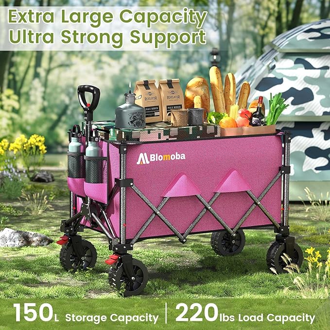 Blomoba Collapsible Wagon Cart, 150L Heavy Duty Foldable Beach Wagon with Wider Wheels & Auto-Rebound Handle, Utility Grocery Shopping Cart for Garden, Shopping, Camping, Sports, Pink