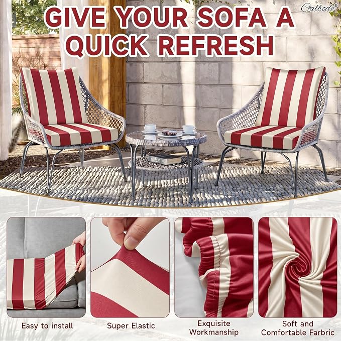 CALBODE 8 Pcs Stretch Outdoor Seat Cushion Covers, Washable Striped Chair Seat Cover for Patio Furniture Cushions Soft Indoor and Outdoor Couch Cover Replacement (Red&Beige, Cover Only)
