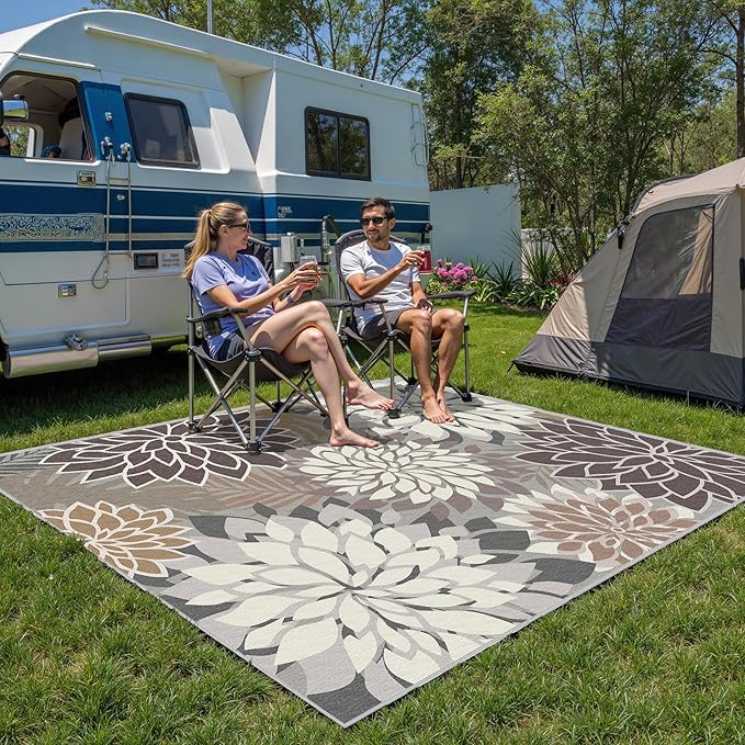 9x12 Outdoor Area Rug Washable Multicolored Patio Rug Tropical Botanical Floral Chenille Waterproof Outdoor Carpet Non-Slip for Deck, Backyard, Porch, Taupe