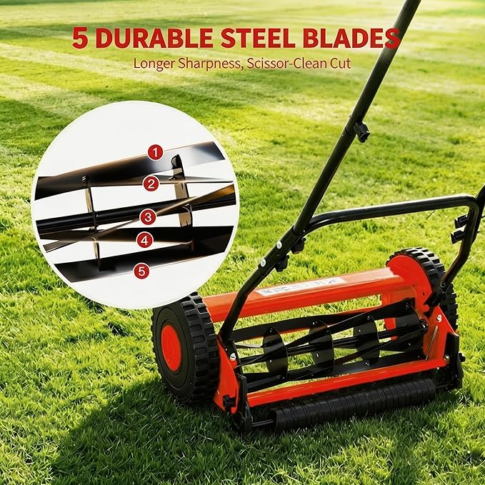 16" Push Lawn Mower, Manual Hand Push Lawn Mower Without Grass Catcher, Lightweight & Portable Walk-Behind Mower for Small Yards, Garden & Patio