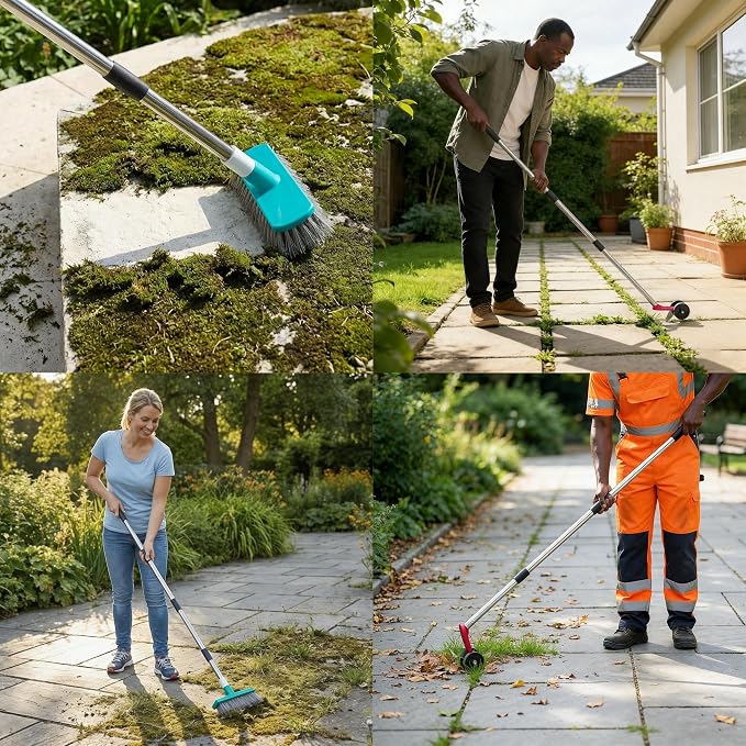2-in-1 Crack Weeder Tool, Adjustable Long Handle Moss Remover with Wheeled Blade & Brush Head, Stainless Steel Crevice Weeding Puller for Sidewalk, Driveway, Patio, Pavers, Garden