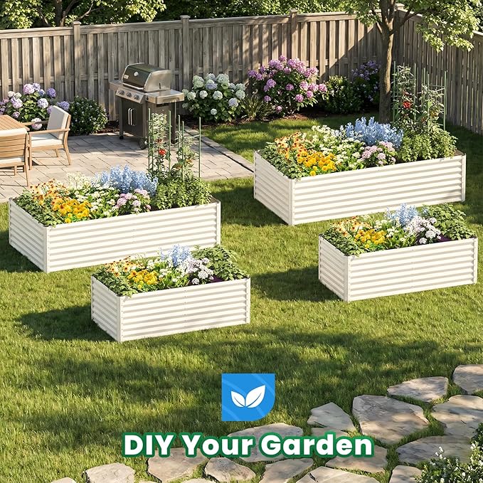 Quictent Galvanized Raised Garden Bed 8x4x2 Ft Tall Metal Planter Box for Vegetables Bottomless for Backyard, 2 Tomato Cages Included, 22.04" Deep, Beige