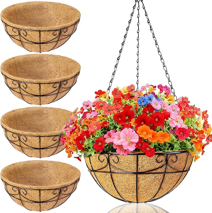 4 Pack 13.5 Inch Hanging Baskets for Plants Outdoor - Metal Hanging Planters for Outdoor Plants with Coco Liners - Heavy Duty Empty Hanging Flower Pots for Porch Patio Garden