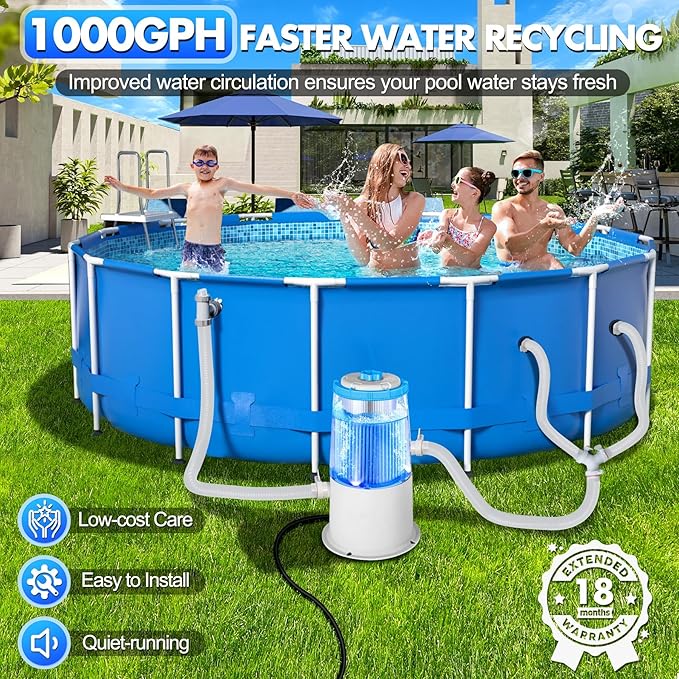 KimPump 1000 GPH Light-Up Pool Filter Pump for Above Ground Pool|Built-in Blue LED Light,Transparent Housing for Real-Time Water Circulation &Filtration Monitor, Pool Cartridge Filter Pump System Cyan