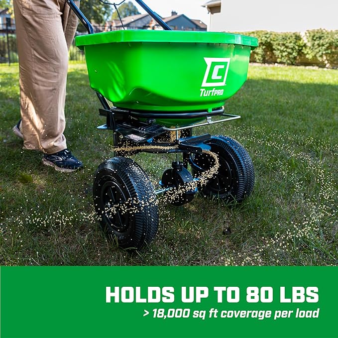 Chapin 89200A Spreader, Lawn and Garden, 80Lbs, All Season, TurfPro, Broadcast, Push, Walk Behind, 12" Tires, Weather-Proof, Poly Hopper, Pull-Bar Lever with 30 Setting Gate, Fertilizer and Seeds