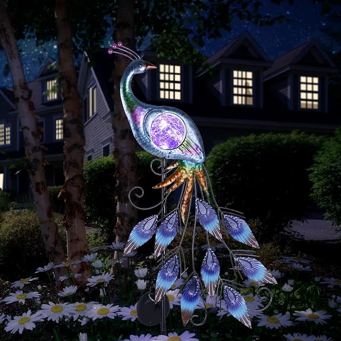 TERESA'S COLLECTIONS Yard Decorations Outdoor for Garden Decor, Peacock Solar Outdoor Lights, 35.4'' Metal Lawn Ornaments for Outside with Crackle Glass Ball, Decorative Stake Gifts for Mom