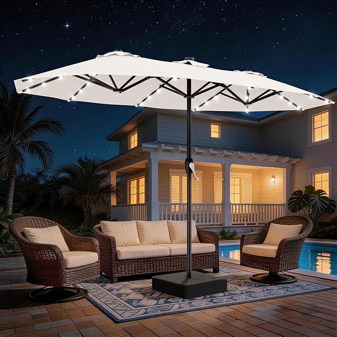 AreShark 15FT Patio Umbrella with Solar Lights, Double Sided Outdoor Table Umbrellas with Crank, Large Rectangular Market Umbrella for Porch, Lawn, Pool, Backyard, Cream-White