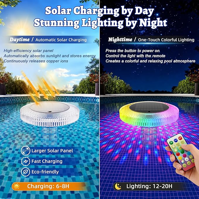 Solar Pool Ionizer Floating Lights: Copper Ionizer with LED Solar Powered Outdoor Waterproof Lighting RGB Color Changing Light with Remote Control for Above Ground Inground Swimming Pool Party Spa