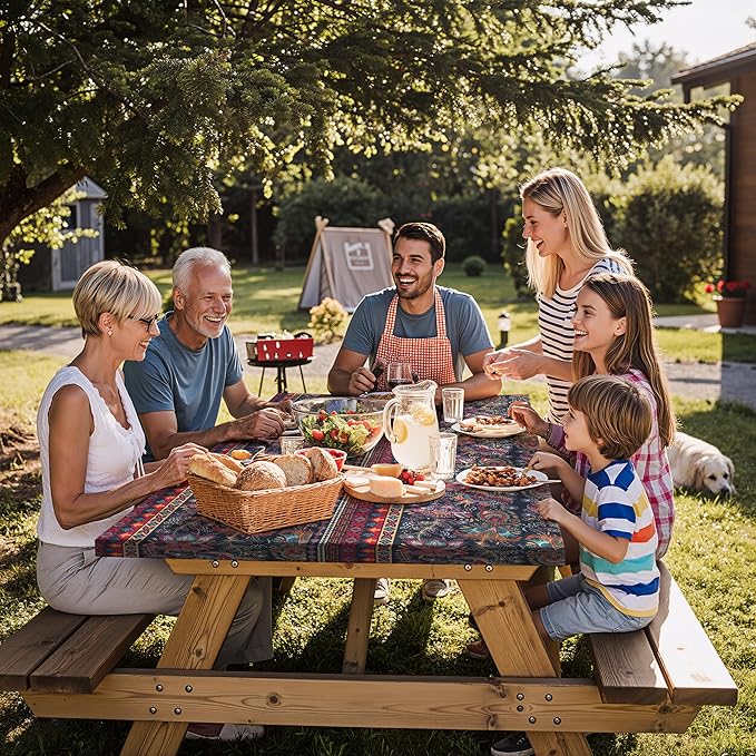 Fitted Waterproof Picnic Table Cover with Bench Covers Heavy Duty Elastic Outdoor Camping Tablecloth for 6 Foot Rectangle Tables Summer Rv Accessories Patio Garden Road Trip Essentials Gifts