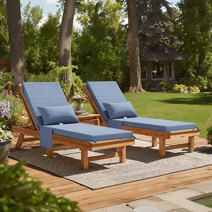 Crestlive Products Sunbrella Foldable Outdoor Chaise Lounge Cushions with Head Pillow and Side Pockets,Water Repellent & Fade Resistant Lounge Chair Cushion, 72''L x 21''W, Set of 2, Denim Blue