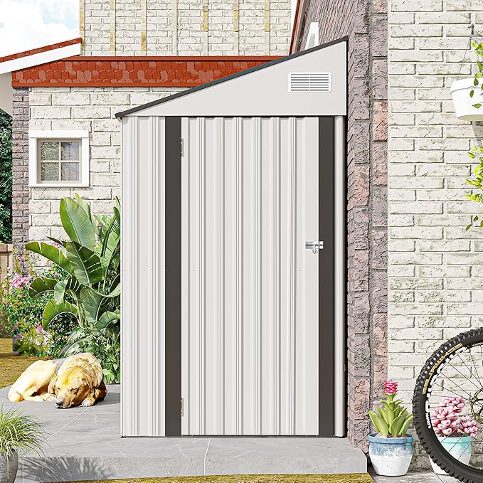YOPTO 4x8 FT Outdoor Metal Storage Shed,Waterproof Lean to Tool Sheds,Heavy-Duty Unit with Single Hinge Side Door and Ventilation Windows,Weather Resistant,for Backyard,Patio,Lawn,White