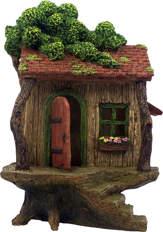 PRETMANNS Fairy Garden Treehouse for Outside - 9" H x 4" W Hand-Painted Resin Fairy House with Opening Door and Window Box - Waterproof Miniature Cottage for Patio Planter Balcony Decor, Gift Ready
