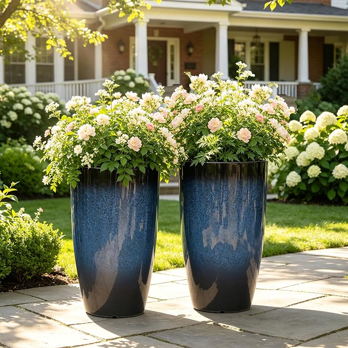 23.75" H Large Tall Outdoor Planters, Set of 2 Plastic Large Flower Pots for Outdoor Plants, with Gradient Cobalt Bule Finish, Weather-Resistant for Porch, Garden, Patio or Indoor Use
