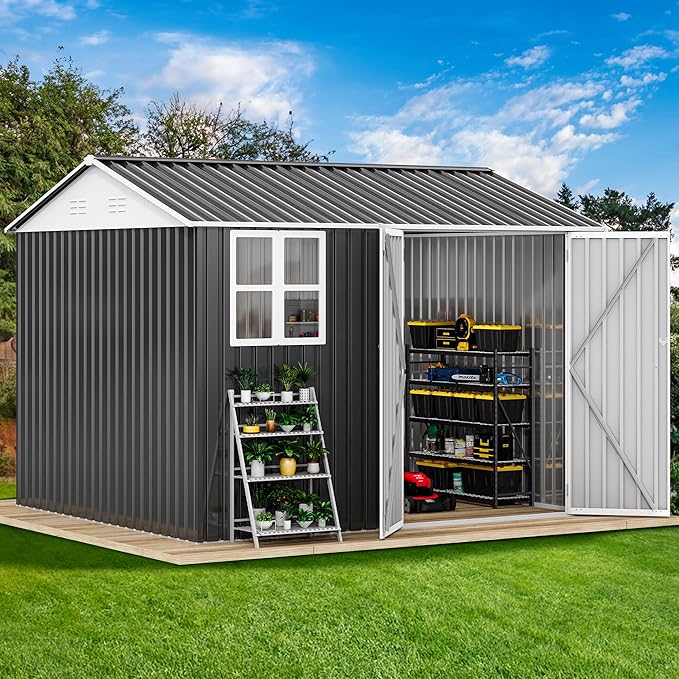 DWVO 10x8ft Metal Outdoor Storage Shed with Window, Lockable Tool Storage Sheds, Oversized Steel Garden Sheds with Sloped Roof for Backyard, Patio, Garage, Lawn (Gray + White)