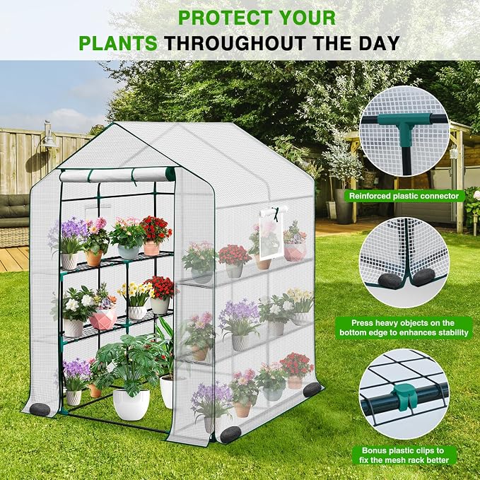 Yesker Greenhouse 57.5"x57"x77" Walk in Green House - Large Outdoor/Indoor Greenhouses with 8 Shelves Waterproof PE Cover & Windows, Portable Greenhouse Kit for Winter Backyard Gardening Patio, White