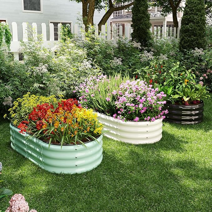 ZFHgarden Galvanized Metal Planter Round Raised Garden Bed Kit for Gardening Outdoor，2x2x1ft 2PC Grow Garden Box Raised Flower Bed，Round Galvanized Planter Outdoor Metal Fire Pit Ring Green
