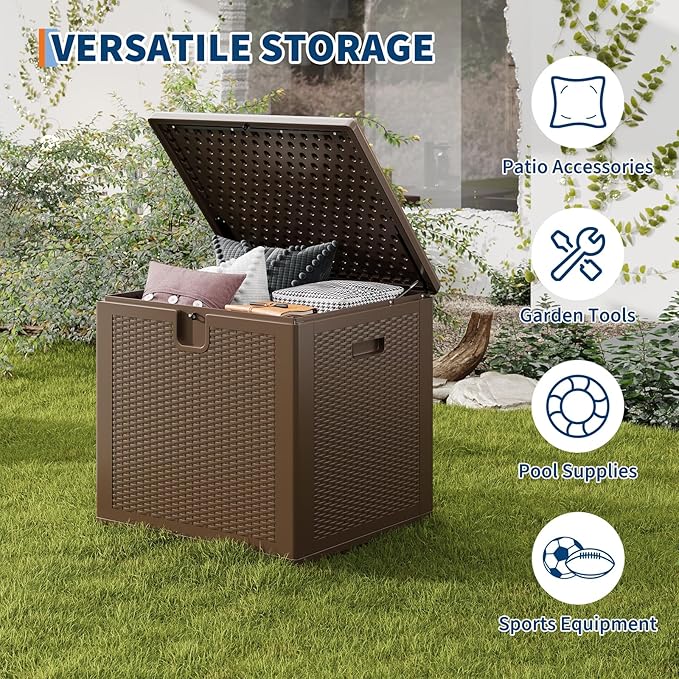 Garvee 80 gal Outdoor Storage Box, Large Waterproof Resin Deck Box Indoor Outdoor Use, Lockable UV Resistant Storage Bin for Patio, Garden, Cushions, Tools, Equipment, Brown
