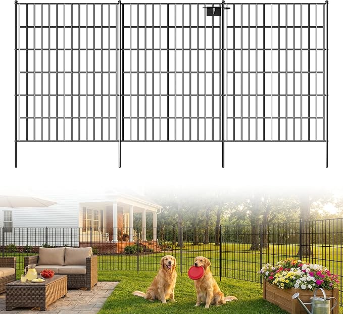 Toolterritary 5 Panels No Dig Decorative Garden Fence with Gate, 40in(H) x 12.5ft(L), Dog Fence Outdoor for Yard - Rustproof Metal Animal Barrier Fencing for Patio, Flower Bed, Ideal for Dogs, Rabbits